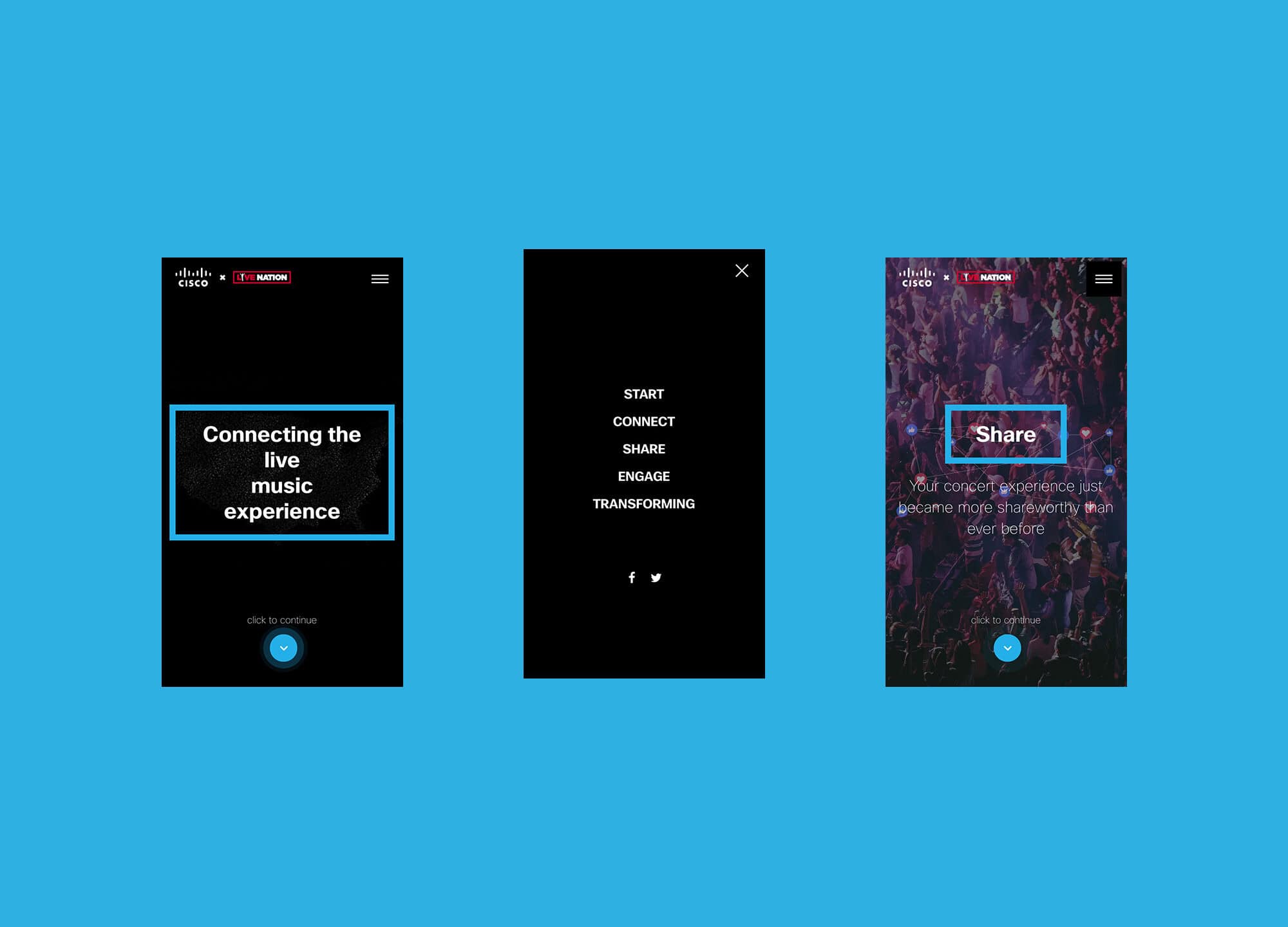 Three smartphone screens display the phrases: Connecting the live music experience, Start, Connect, Share, Engage, Transforming, and Share over a concert crowd image.