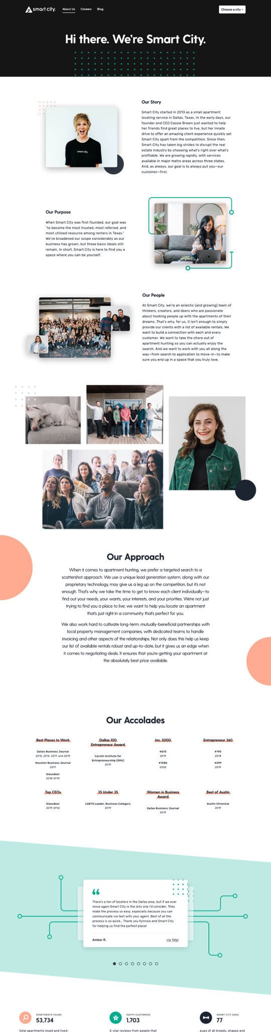 The Smart City Locating digital platform showcases sections on purpose, story, people, approach, and accolades. Explore images of the team and individuals, with intuitive icons and contact information conveniently displayed at the bottom.