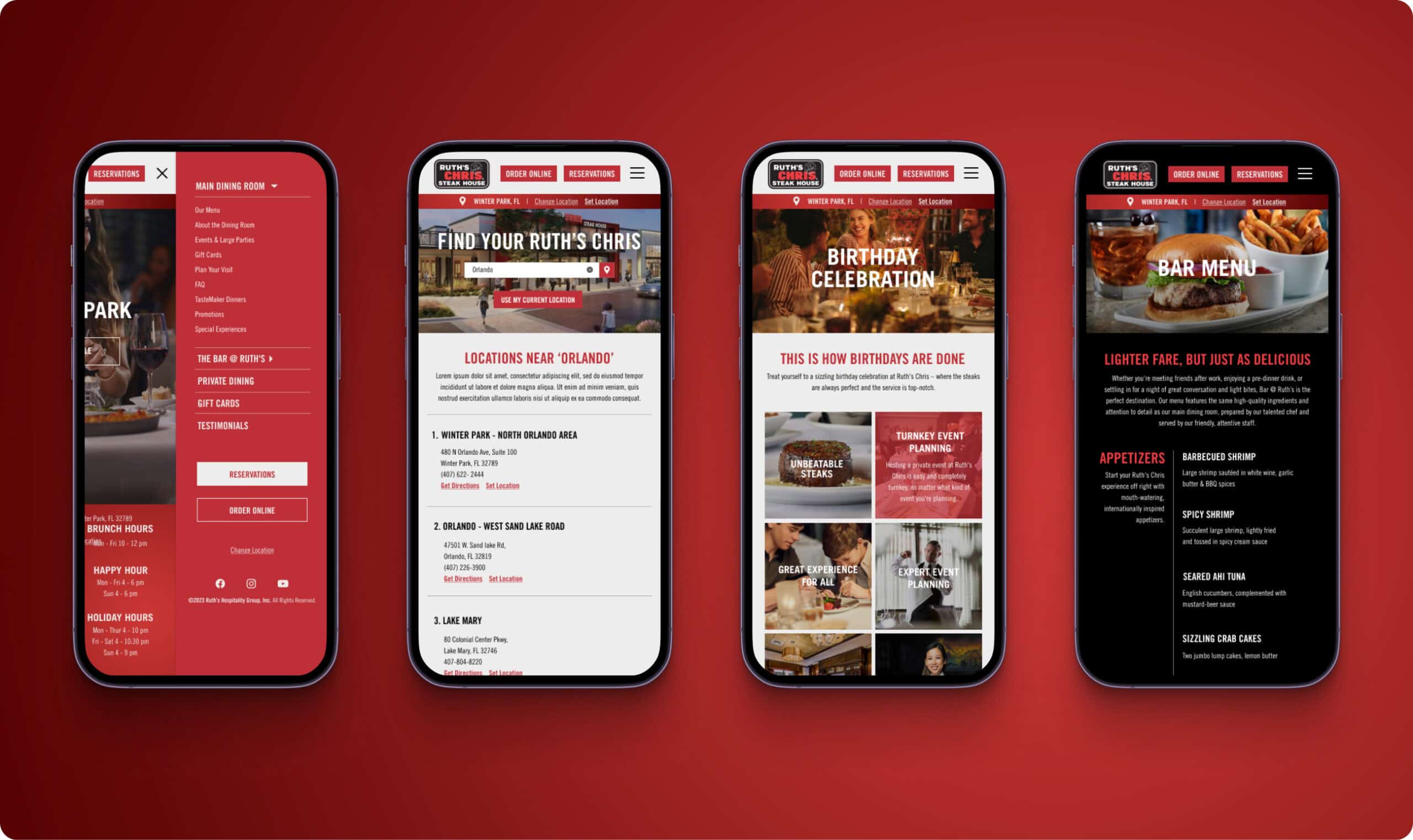 The mobile restaurant website interface features a sleek red background with a location finder, birthday celebration details, and an enticing bar menu. Designed with Ruth’s Chris quality in mind, it seamlessly integrates WordPress migration for optimal user experience.