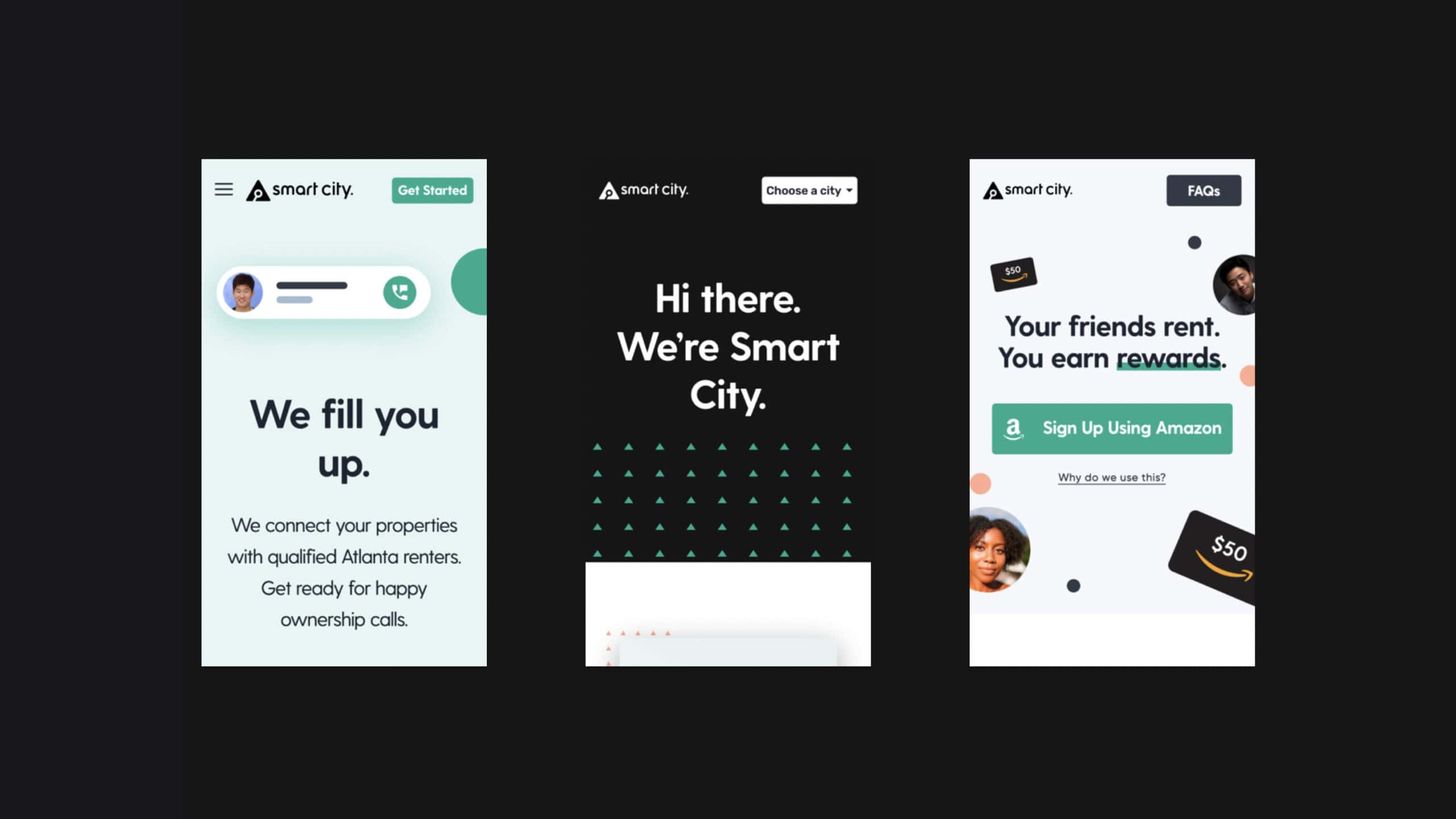 Three digital screens showcase Smart City's Locating digital platform, highlighting a rental service app with detailed information and a signup prompt offering referral rewards.