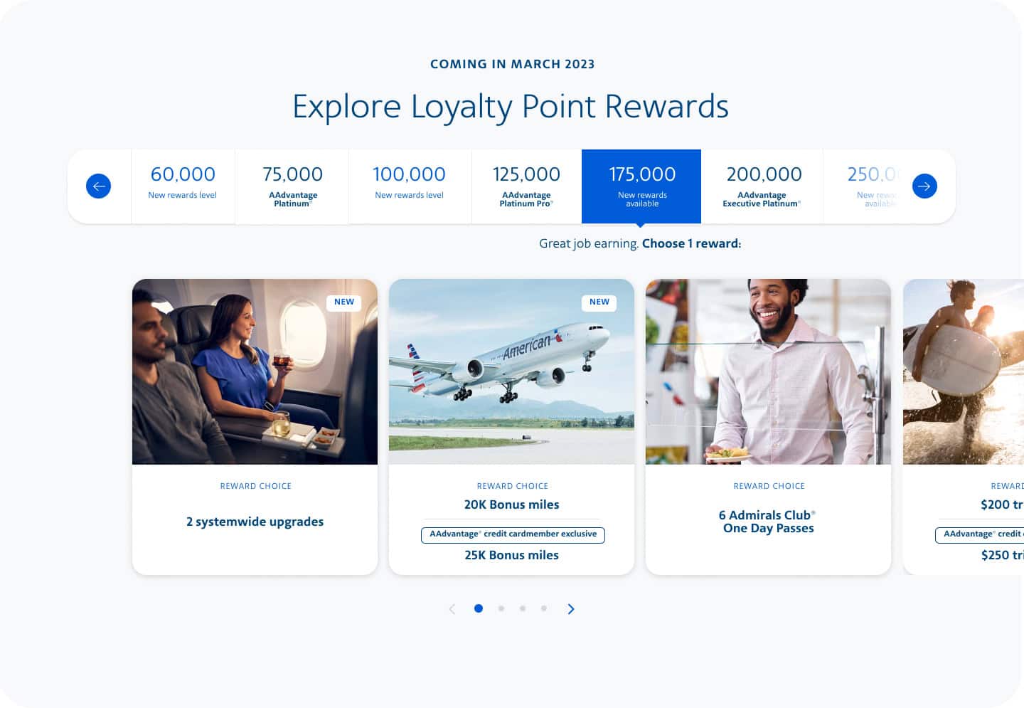 Experience the American Airlines AAdvantage microsite, where the airline loyalty program rewards screen highlights exciting point milestones and exclusive rewards. Discover upgrades, bonus miles, lounge passes, and captivating promotional images featuring planes and travelers.
