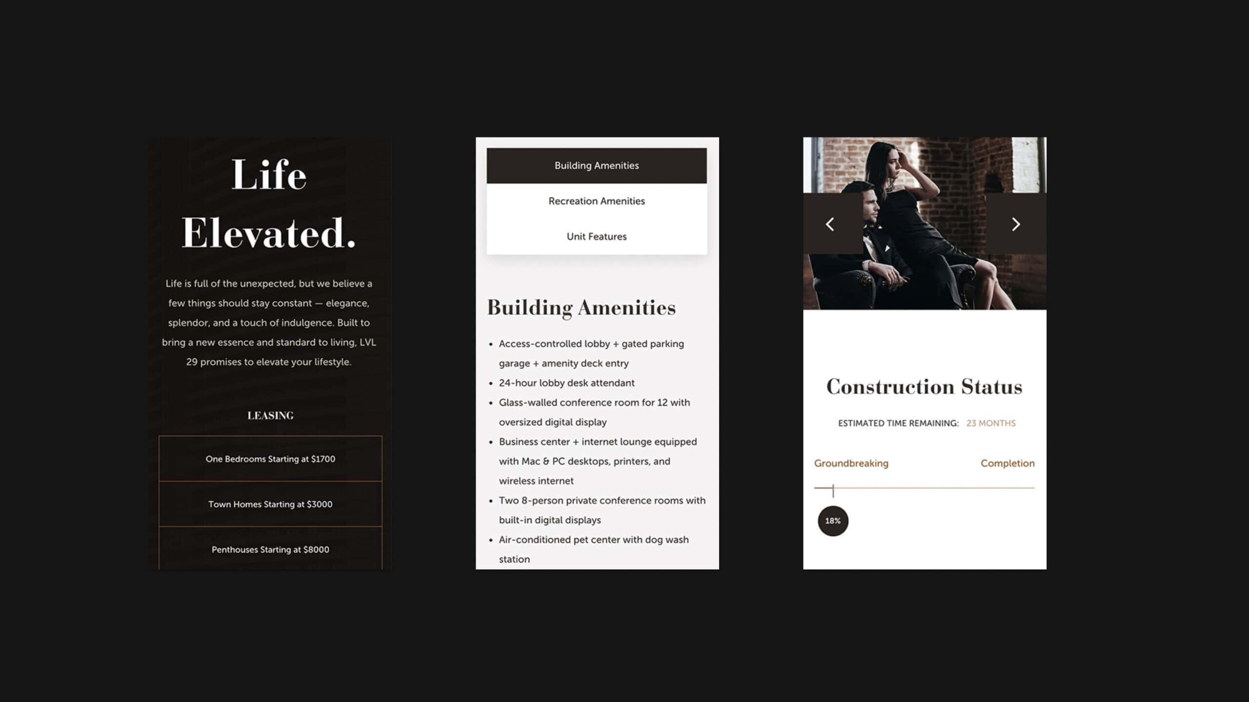 Three-panel image showing text about leasing a property, a list of building amenities, and construction status with a photo of a person sitting in a chair.