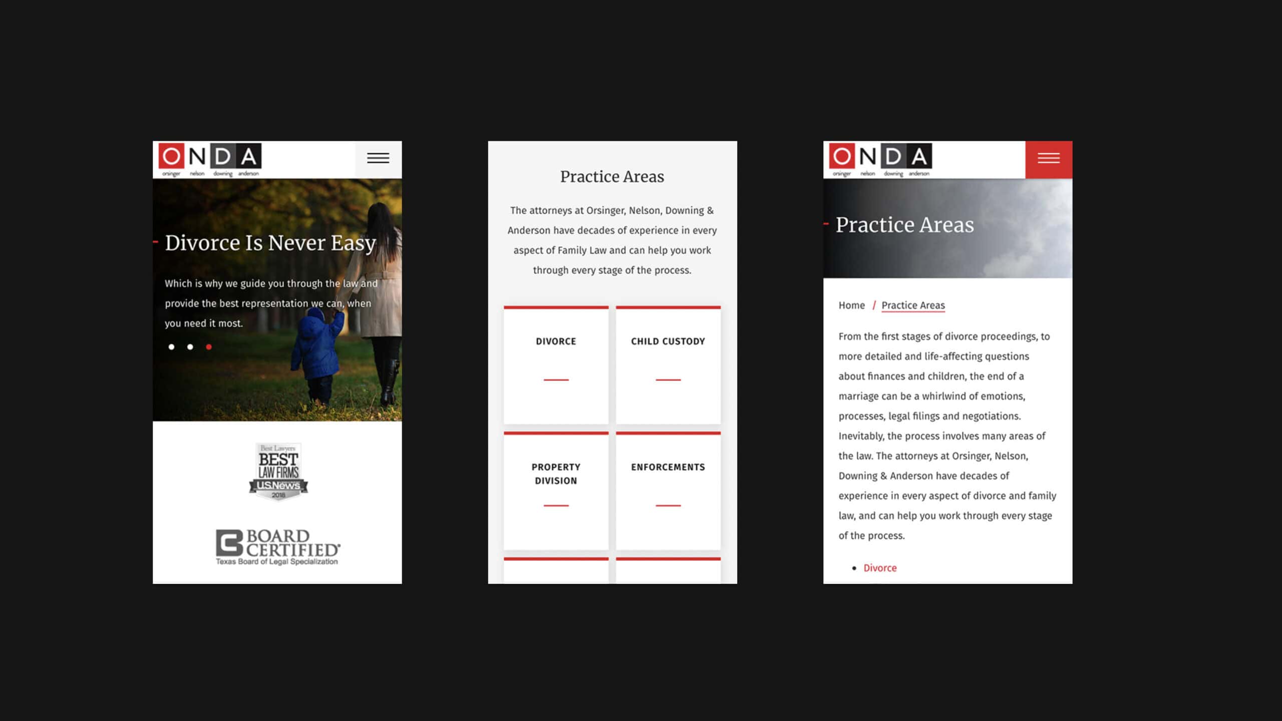 Three smartphone screens display a law firms website. The screens show a banner about divorce, various practice areas, and detailed information on one practice area.