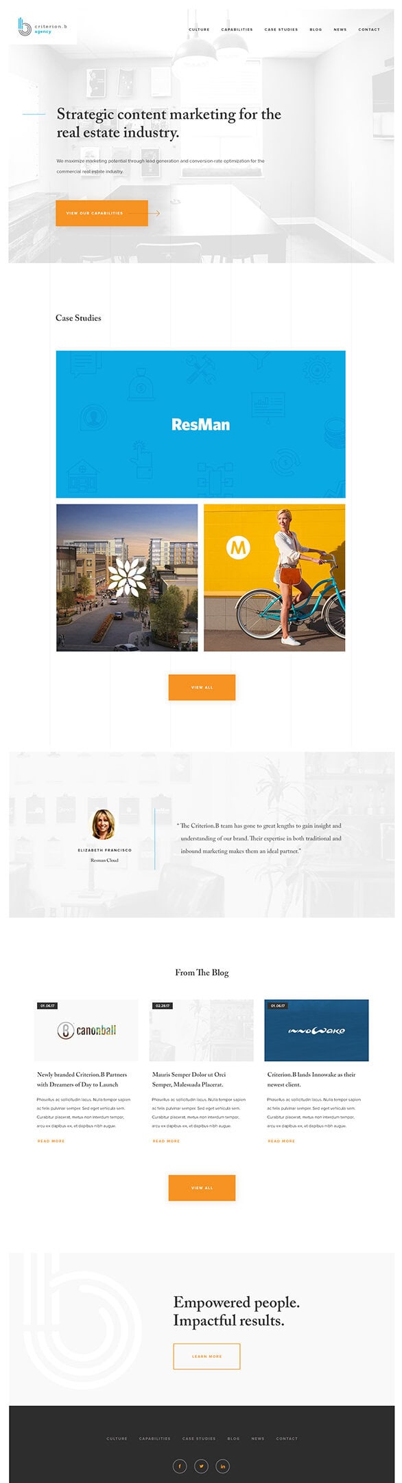 Website showcasing strategic content marketing for real estate, featuring case studies, blog entries, and company information.