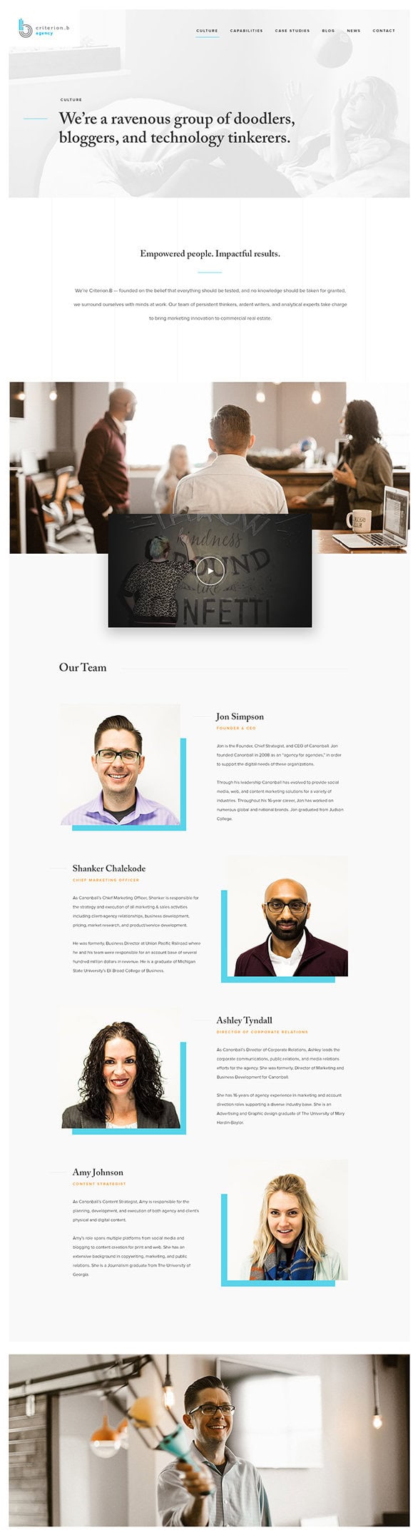 Company website showcasing team members with images and brief bios. The page highlights their focus on creativity and technology.