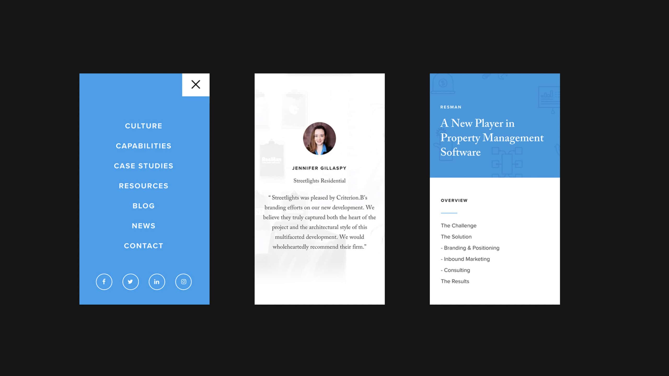 Three app screens: navigation menu with links, profile of Jennifer Gillespy with a quote, and a page titled A New Player in Property Management Software with sections listed.