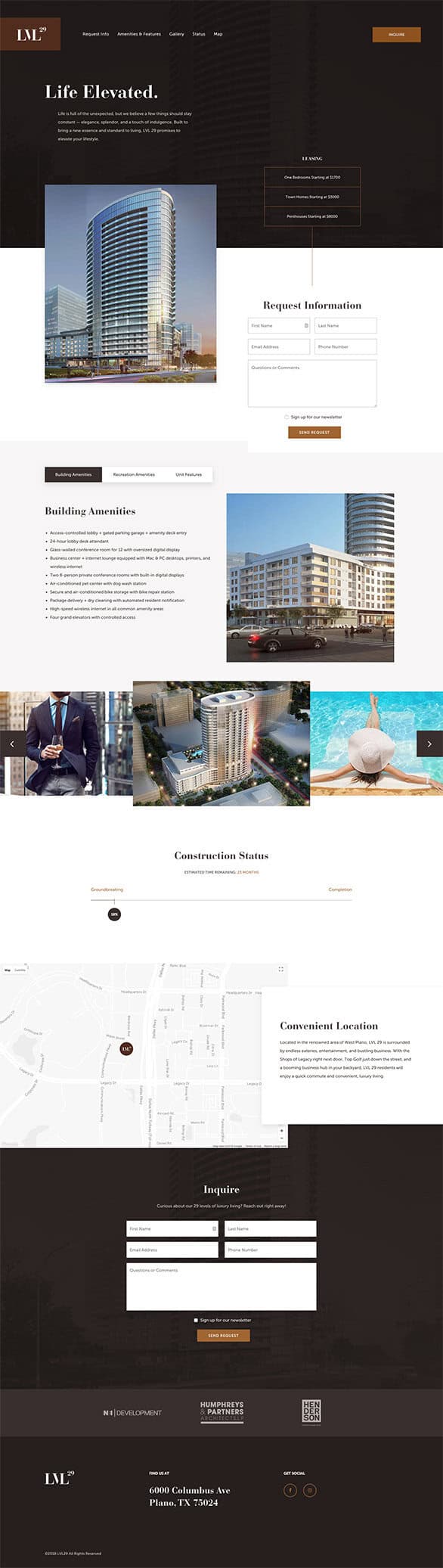 Website layout showcasing a modern residential building, with sections for request information, building amenities, construction status, and location map.