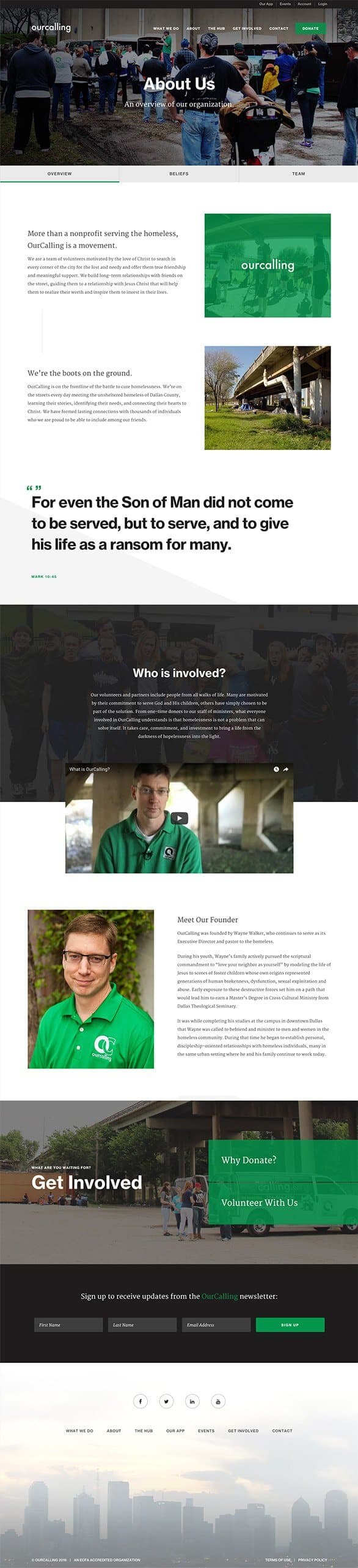 A screenshot of the OurCalling nonprofit website showcases sections like About Us, an inspiring quote, Who is Involved? with an image of a man in a green shirt, and Get Involved, offering options to donate or volunteer.