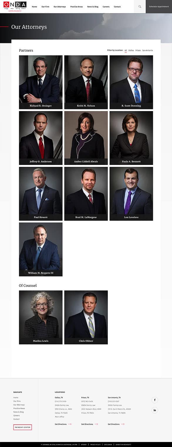 Webpage featuring photos of attorneys with their names listed: Stephen B. Stradley, R. Scott Sherrill, and others. The page is titled Our Attorneys under the firm ONDA.