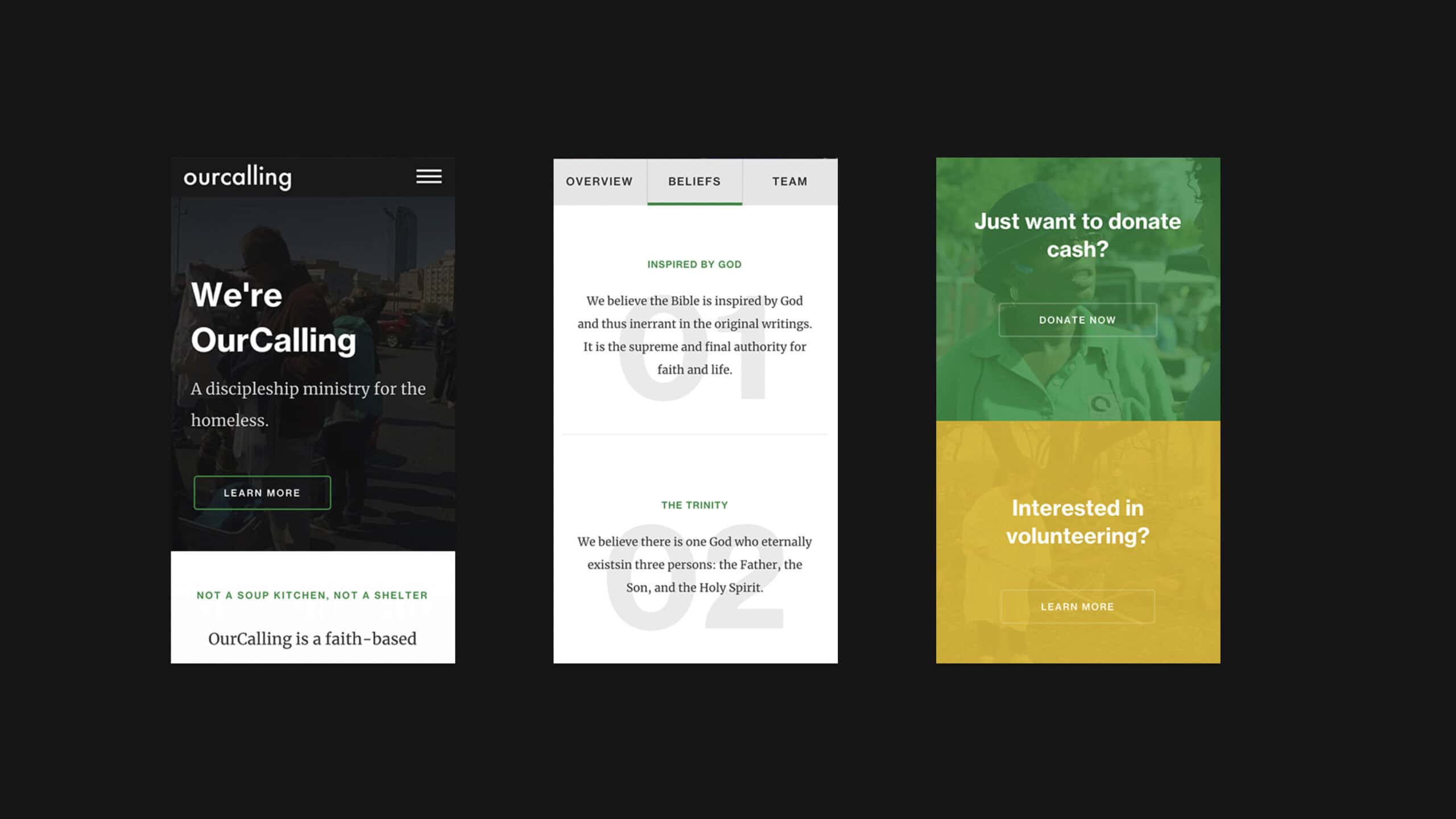 Three mobile app screens: The first features the OurCalling logo and mission statement; the second discusses belief in God and the Trinity; and the third promotes donating and volunteering options, seamlessly connecting users to the OurCalling nonprofit website for further engagement.