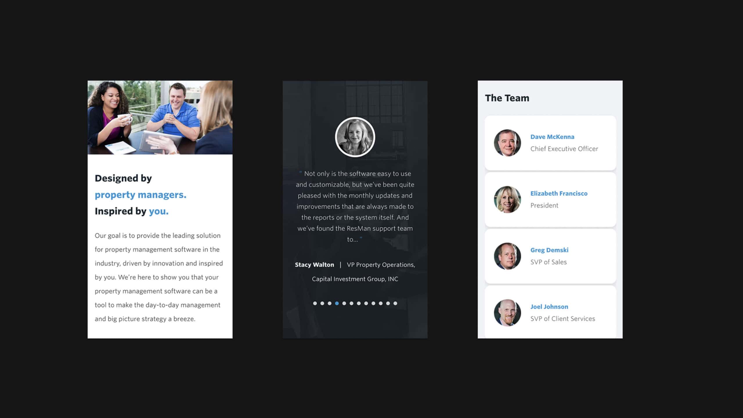 Three mobile screen mockups of a property management app. Left: description text; Middle: testimonial; Right: team list with names and titles.