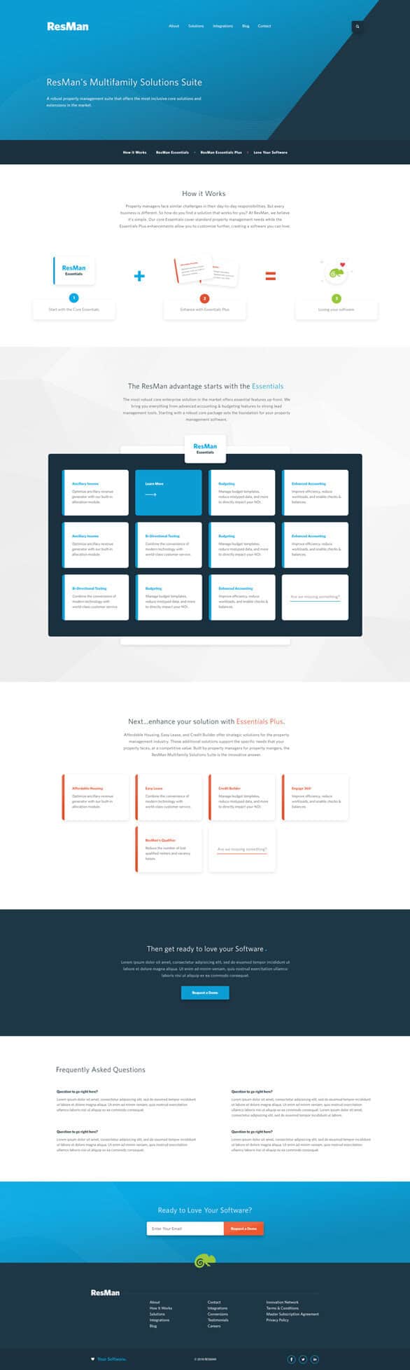 Screenshot of a webpage showcasing ResMans Multifamily Solutions Suite, featuring sections on how it works, benefits, feature highlights, FAQ, and a call-to-action button.