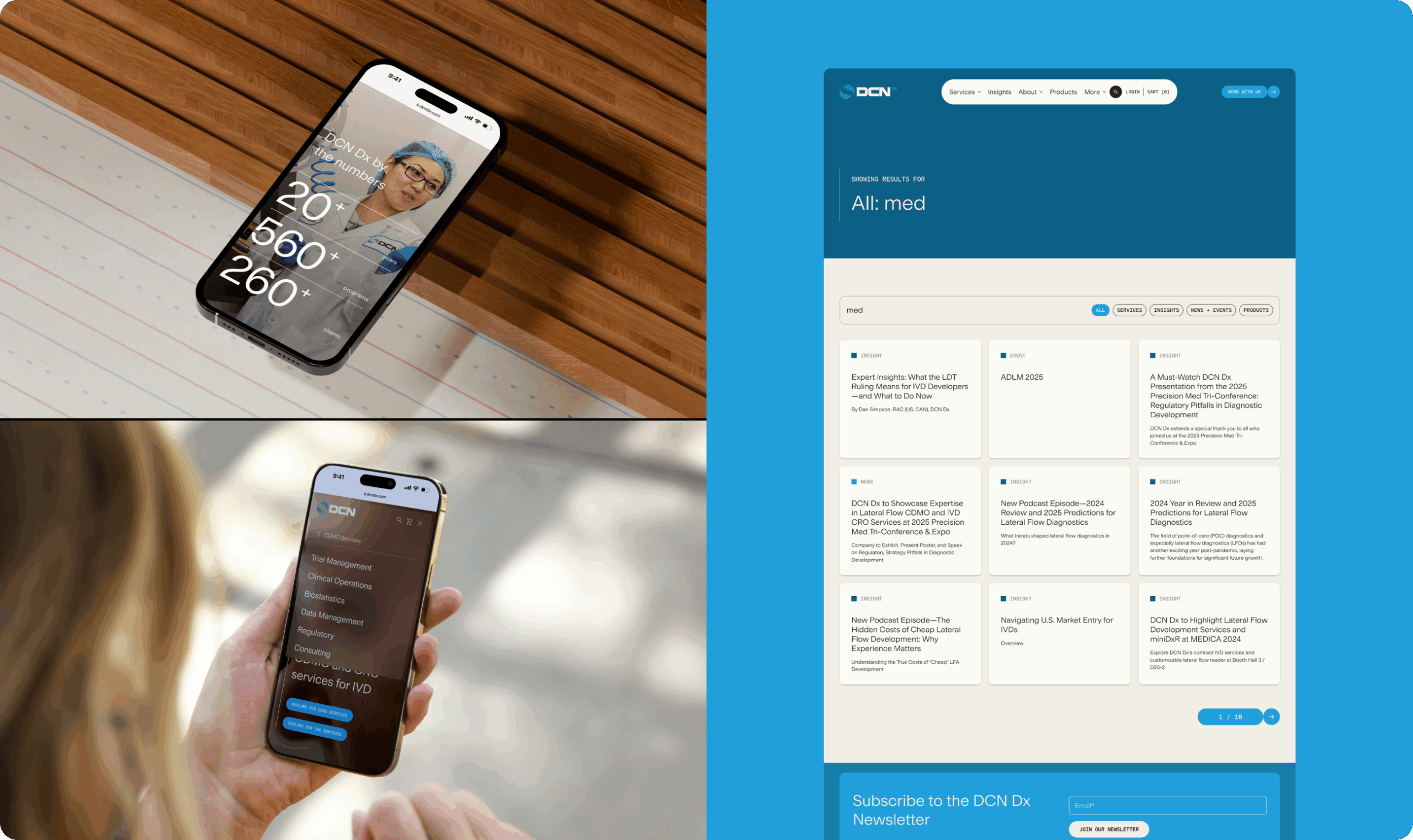 A collage of three images showing a mobile phone displaying the DCN Dx website. The top-left image shows a phone on a wooden surface with a healthcare professional and statistics on the screen. The bottom-left image shows a hand holding a phone with a menu listing services like Trial Management, Clinical Operations, Biostatistics, Data Management, Regulatory, and Consulting. The right image shows a webpage with search results for 