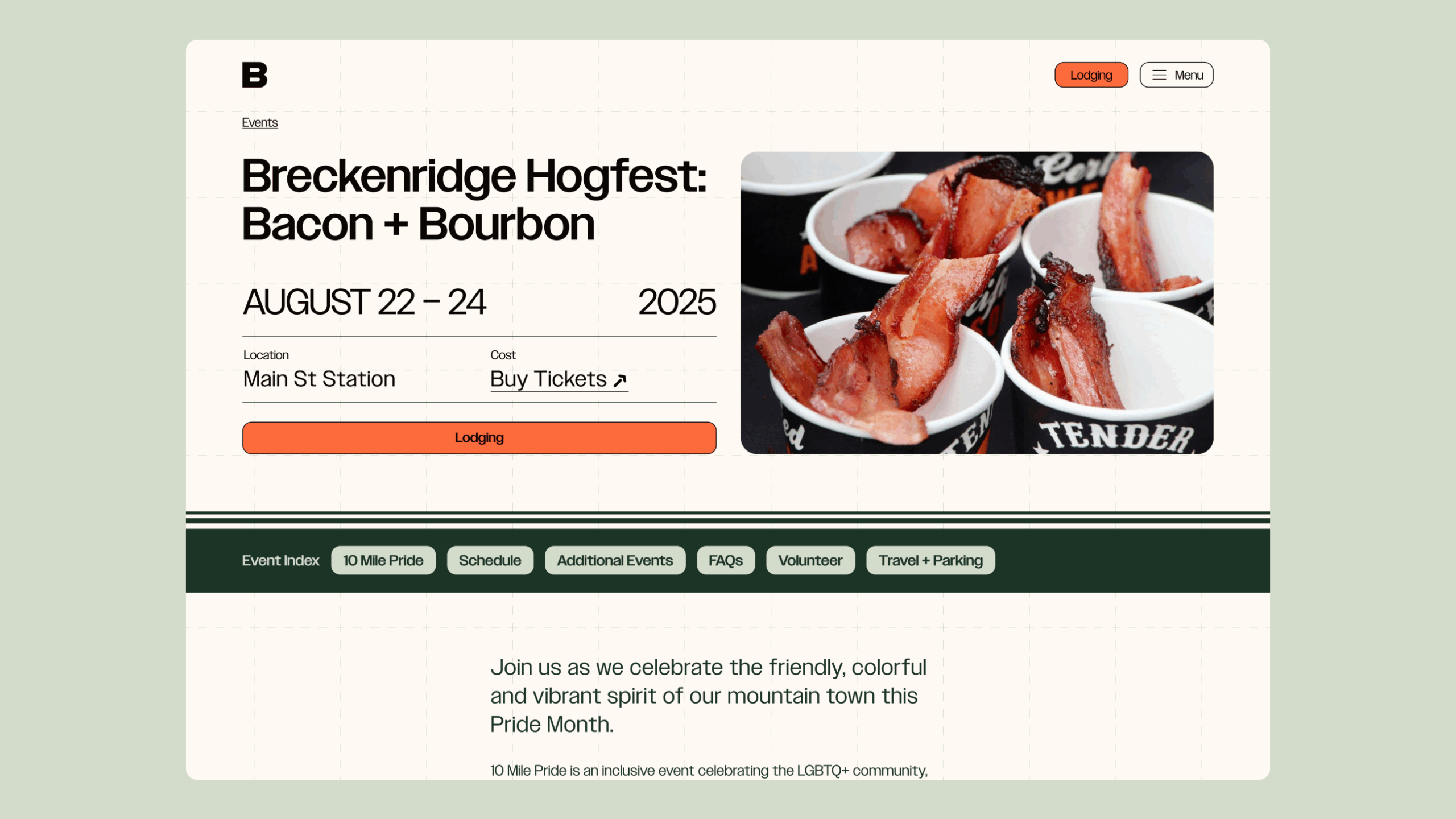 Breckenridge Hogfest: Bacon + Bourbon event details for August 22-24, 2025, at Main St Station, with an option to buy tickets. The image shows several cups filled with crispy cooked bacon strips.