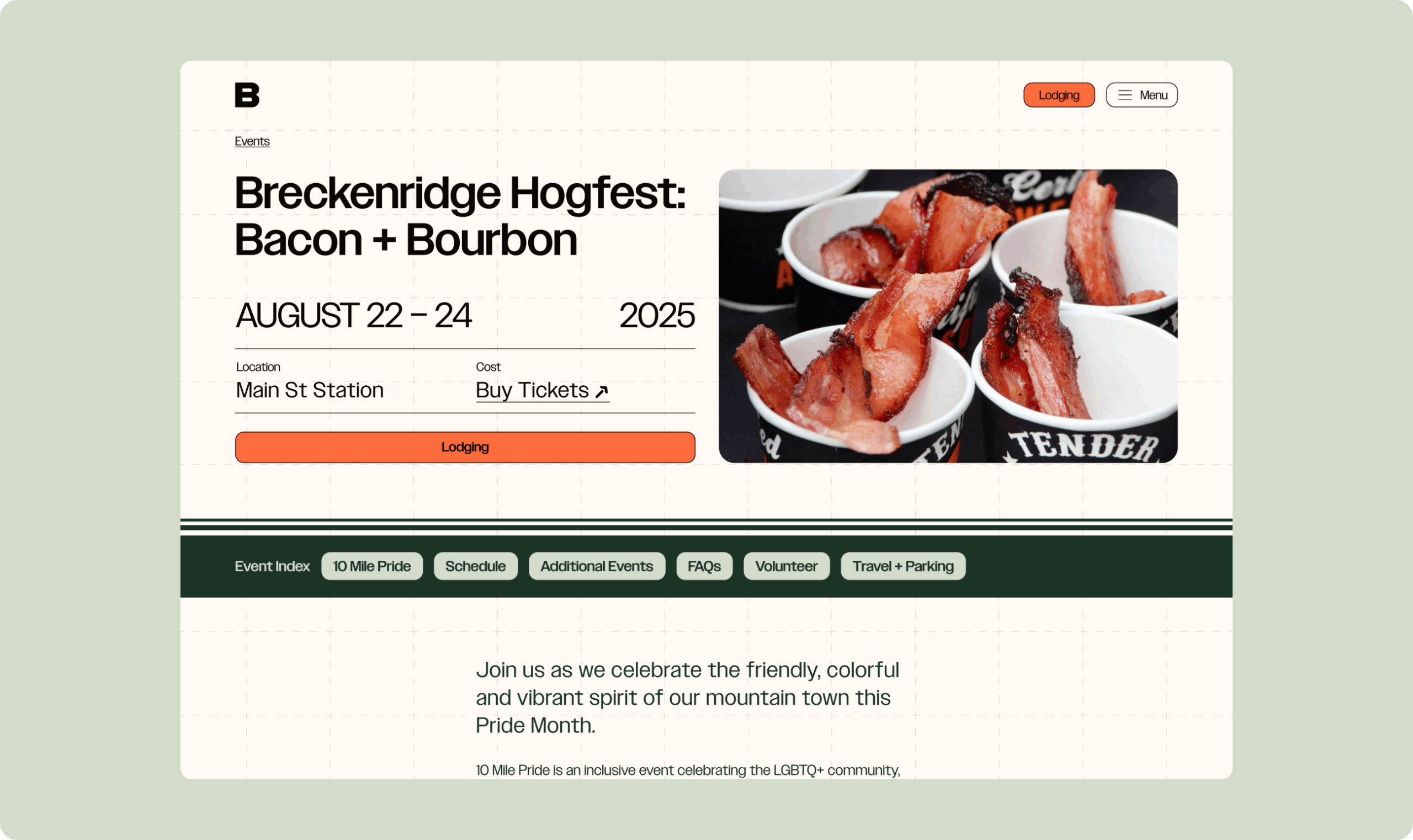 Breckenridge Hogfest: Bacon + Bourbon event details for August 22-24, 2025, at Main St Station, with an option to buy tickets. The image shows several cups filled with crispy cooked bacon strips.