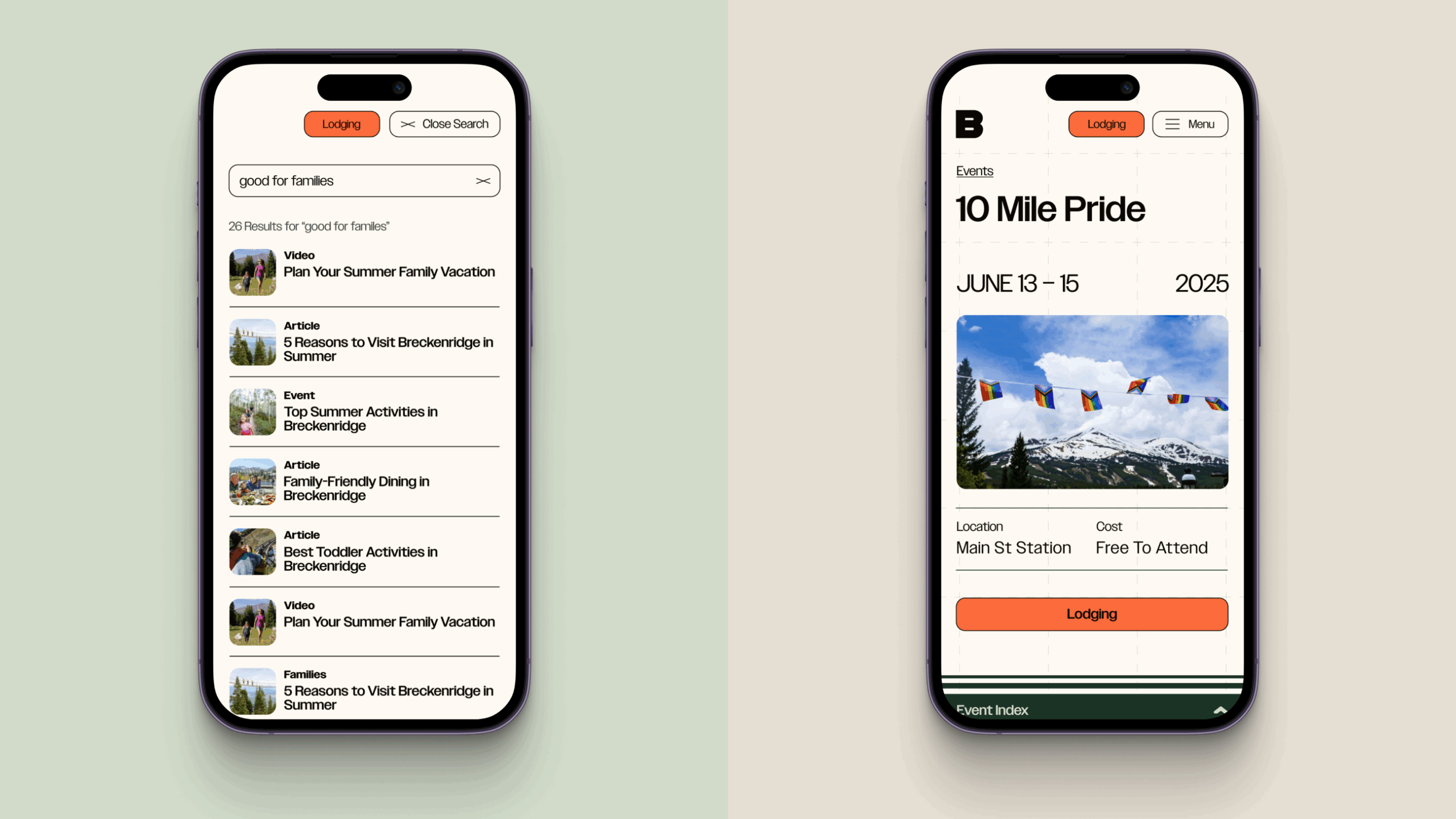Two smartphones display different screens of a lodging and events app. The left phone shows a search results page for 