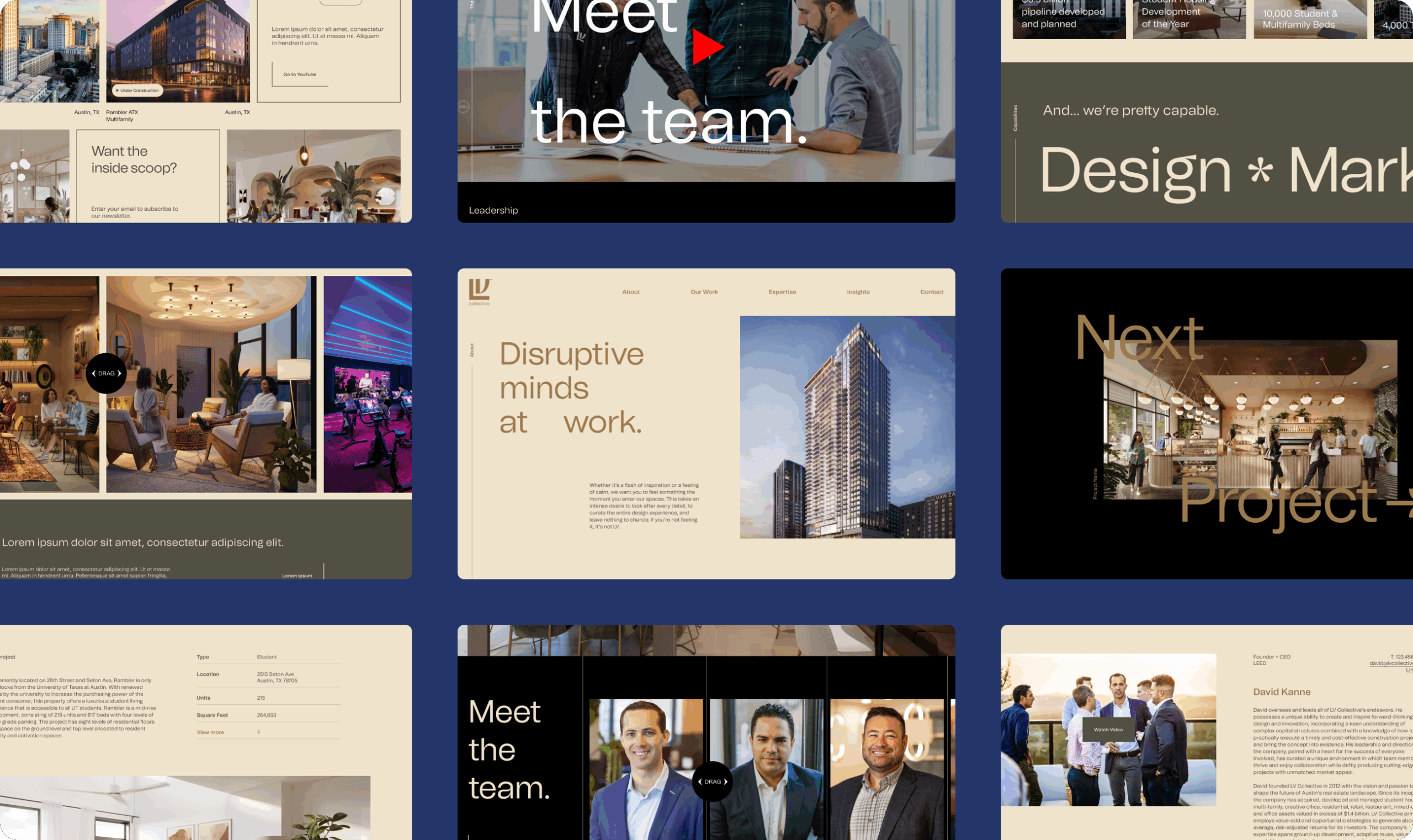 A website section with a beige background featuring the text 