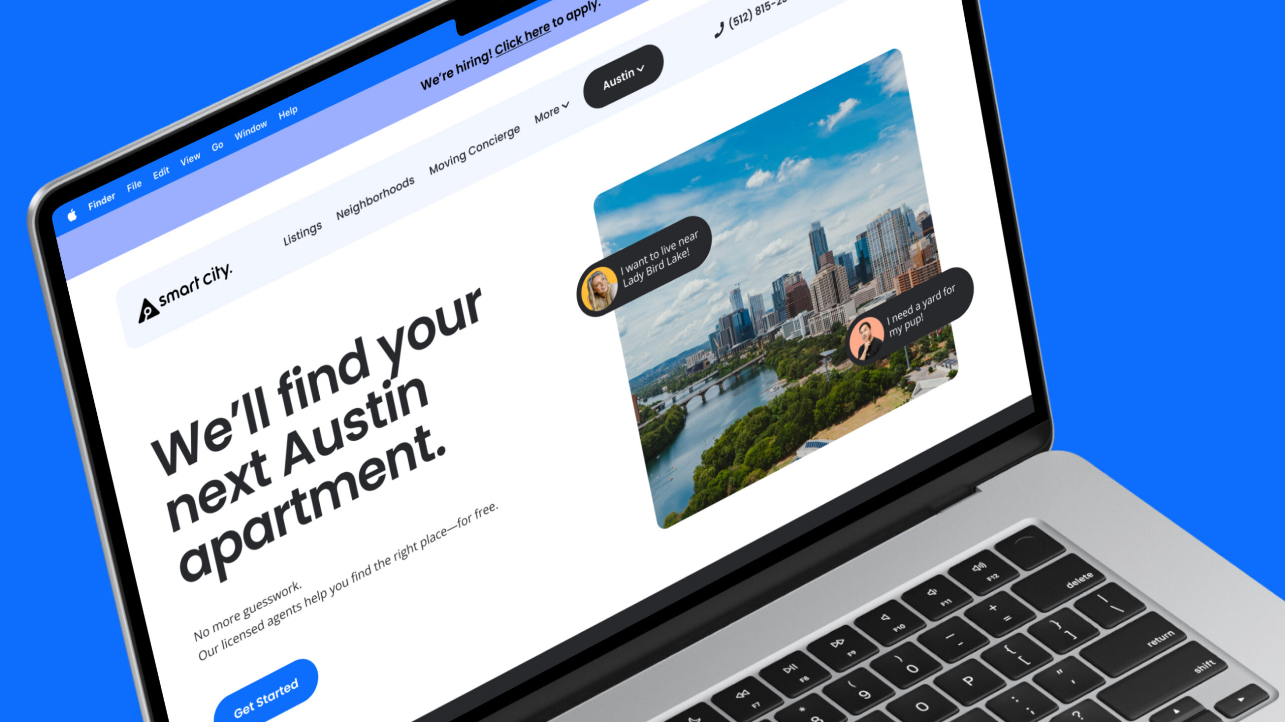 Website interface on a laptop screen showing a real estate service for finding apartments in Austin. The page features a large heading that reads 