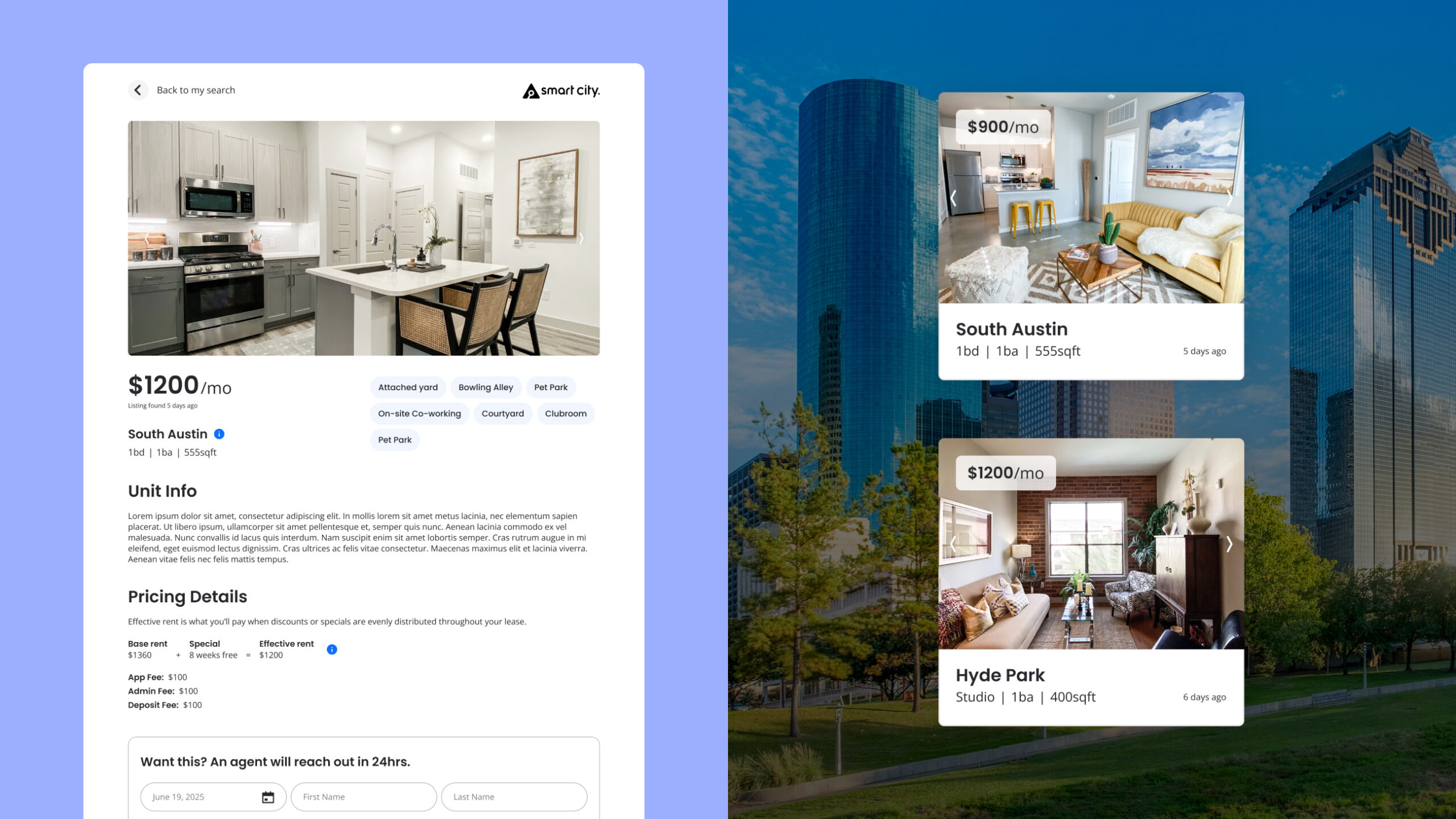 Two apartment listings are shown against a cityscape background with a tall glass building and trees. The first listing is for South Austin, priced at $900 per month, featuring 1 bedroom, 1 bathroom, and 555 square feet, with a modern living room and kitchen area. The second listing is for Hyde Park, priced at $1200 per month, a studio with 1 bathroom and 400 square feet, showing a cozy living room with a sofa, armchairs, and large windows. On the left side, a webpage interface from 