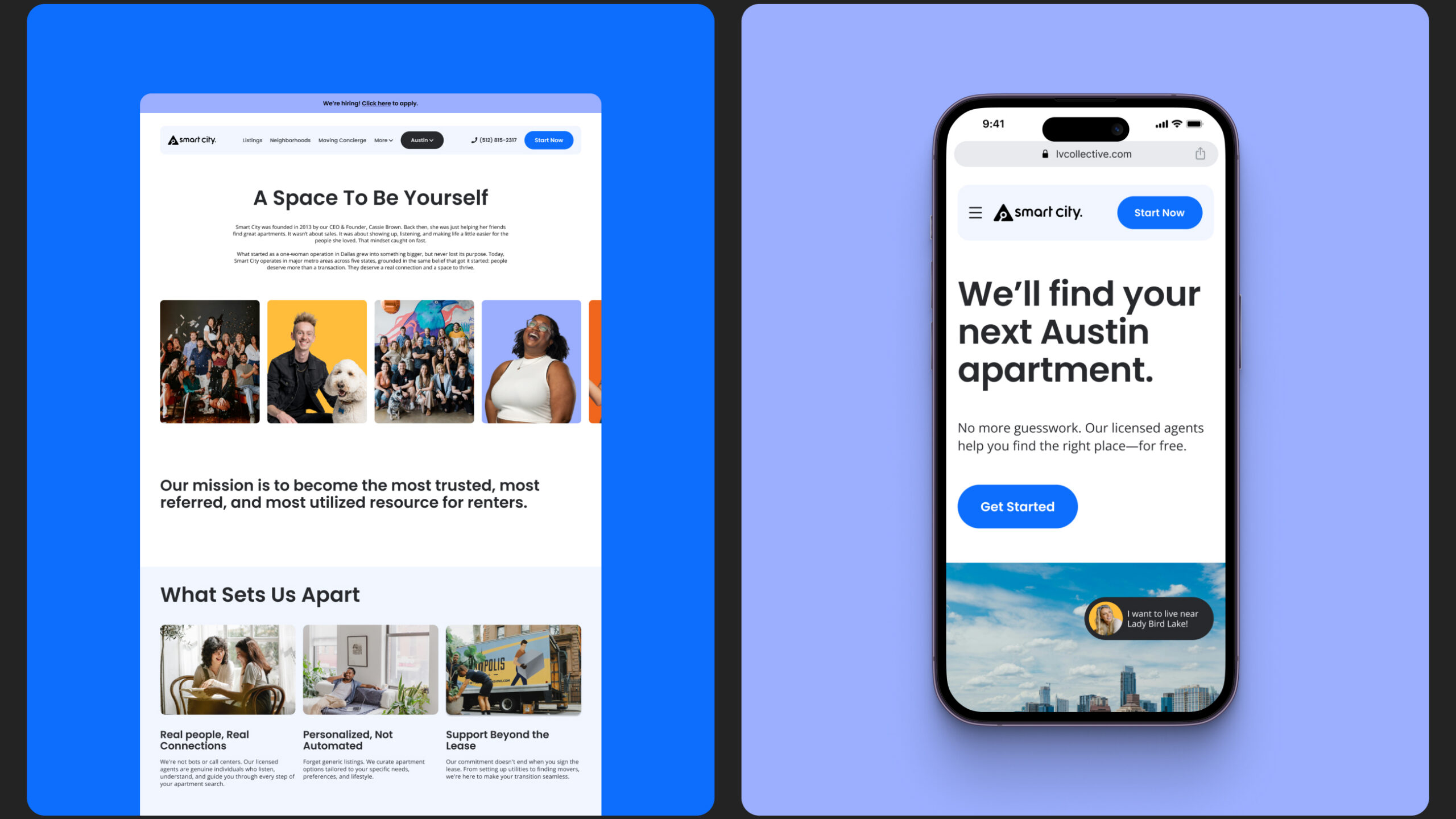 Left side shows a website homepage with the headline 