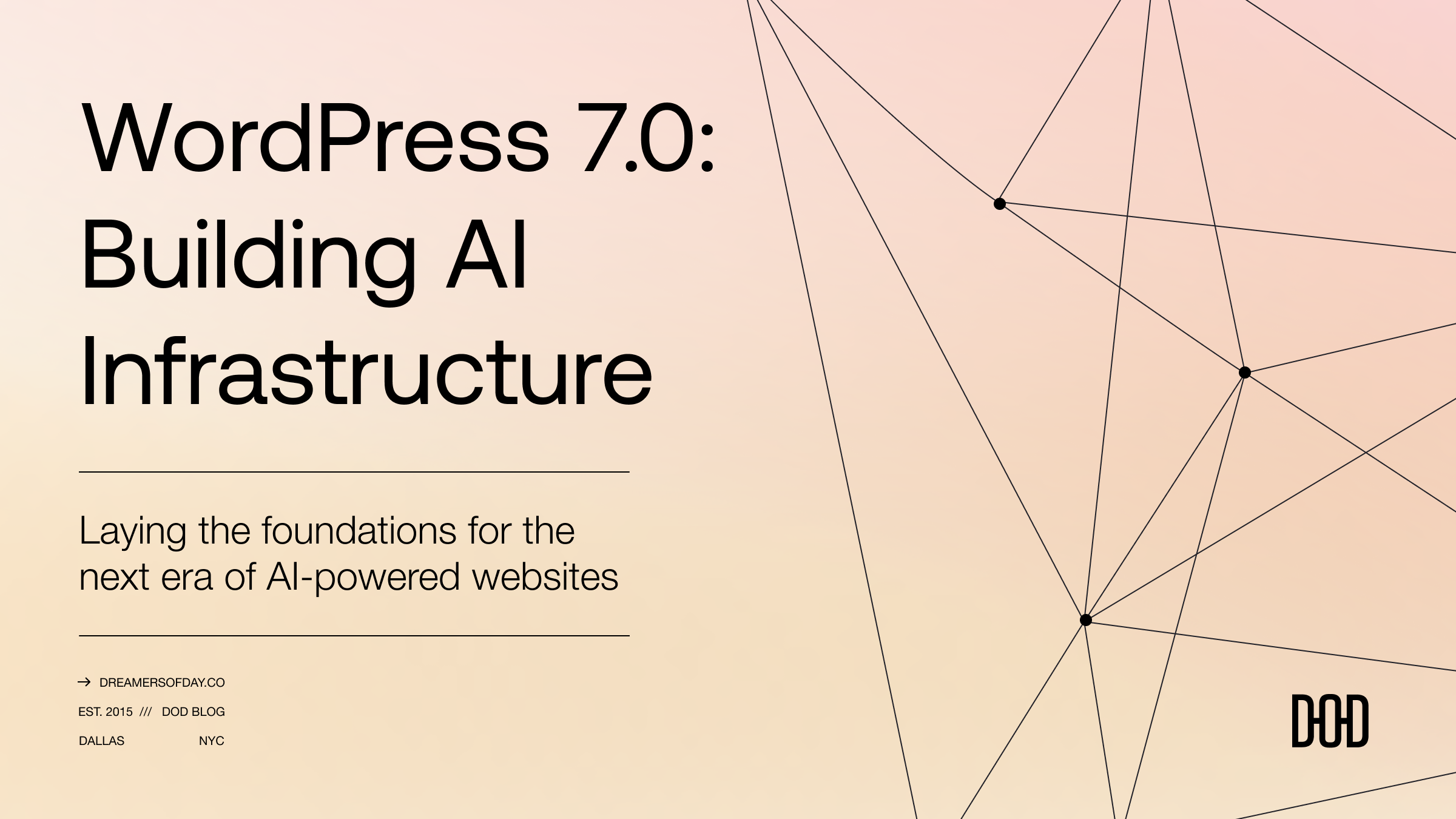 WordPress 7.0: Building AI Infrastructure, with a background featuring a network of connected black dots and lines on a gradient from light peach to beige.