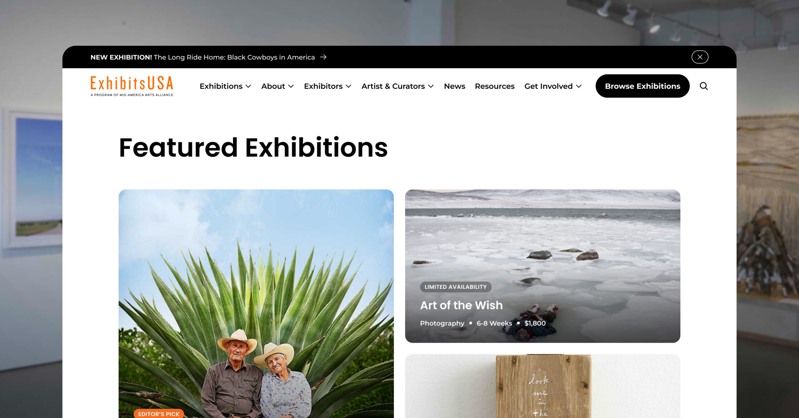 Website page with a Featured Exhibitions heading and exhibition cards, including “Art of the Wish” and a photo of two people in cowboy hats.